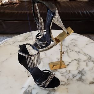 Black and silver with crystals and rhinestones high heel platform sandal 8.5